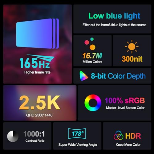 Image of GTMEDIA 2.5K 165Hz Portable Gaming Monitor,17.3''2560 * 1440 QHD Portable Monitor,100% sRGB HDR FreeSync External Second Screen for Laptop Phone Mac PS5