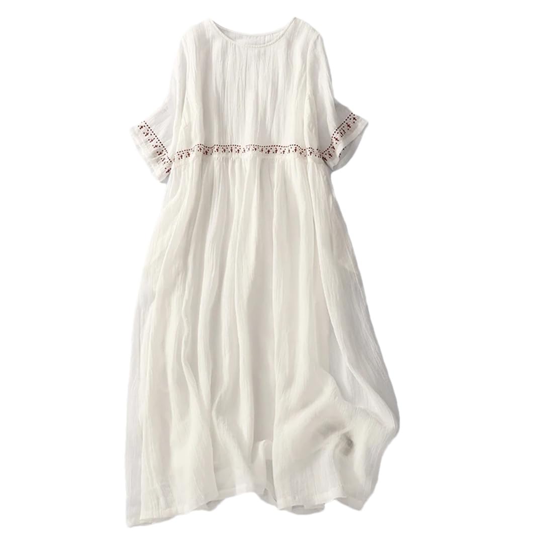 Bqxxdeo Vestidos de lino de algodón con bordado vintage de verano O cuello manga corta vestido largo de línea A Vestidos de mujer Midi Vestidos
