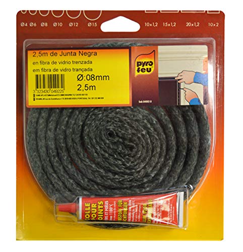pyrofeu Joint Tressé pour Insert et Poêle Longueur 2,5m, Ø 8mm - Excellente Étanchéité à l'Air - Résistance 500°C - Conforme aux Joints des Constructeurs - Inclus Colle Réfractaire Noire, estandar