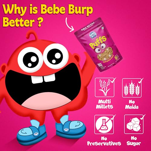 Image of BE'BE' BURP Healthy Puff Snacks | Ragi Masala Masti | Baked Puffs, Not Fried, Protein Snacks | No Maida & Gluten-Free | Travel-Friendly | 35gms Each (Pack of 4)
