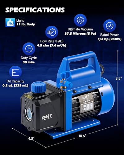 Image of Orion Motor Tech Vacuum Pump, 4.5 cfm 1 /3 hp HVAC Single Stage Vacuum Pump for R12 R22 R134a R410a R502, Auto AC Vacuum Pump Kit for Automotive Air Conditioner Resin Degassing & More, Oil Included
