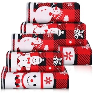 Buryeah 6 Pieces Christmas Bathroom Towels Set 2 Soft Red Buffalo Plaid Bath Towels 2 Decorative Square Towel 2 Absorbent Hand Towel for Kitchen Bathroom Holiday Drying Cleaning Gift
