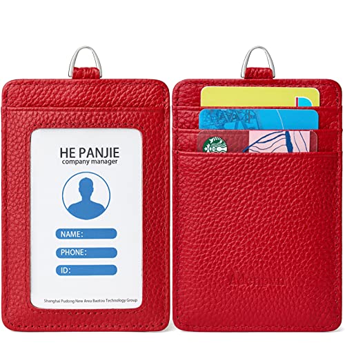Cow Leather ID Badge Holder with Lanyard(Full Grain Leather,3"*4.5"),1 Clear ID Window and 3 Card Slots,Nylon Neck Lanyard with rotatable and Removable Metal Clasp,Vertical Name Badge Holders