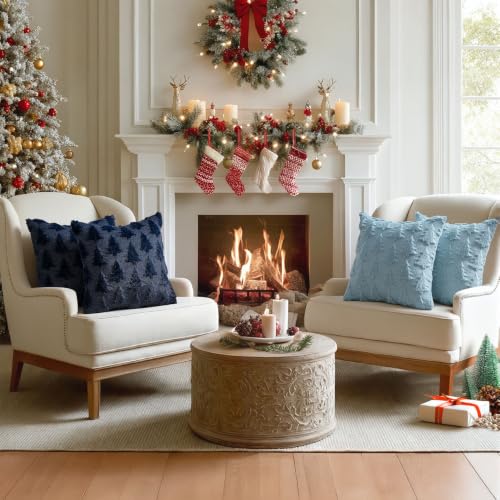 Image of MIULEE Christmas Throw Pillow Covers Navy Blue Christmas Decorations Set of 2 Xmas Tree 18x18 Pillow Covers Soft Plush Faux Wool Pillowcases Holiday Festivals Winter Home Decor Sofa Couch Bed Porch