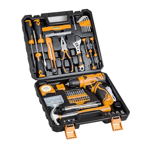 Tool Set - Tool Kit with 8V Cordless Drill, 132 Piece Tool Box with Drill, Home Tool Kits for Men & Women, Hand Drill Set Perfect for Homeowner, Diyer, Handyman-Yellow