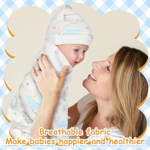 Image of Ramede 6 Pack Swaddle Blanket with Hats Swaddle Outfit for 0-3 Months Newborn Sacks Soft Cotton Wearable for Girl and Boy(Bear,Blue)