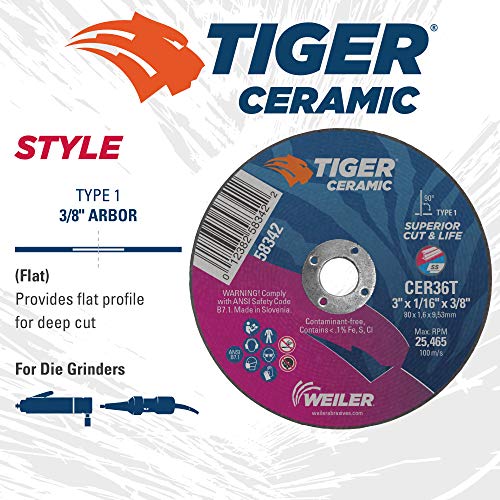 Image of Weiler 58342 3-Inch Cutting Wheel, Tiger Ceramic Contaminant-Free, Max Performance Cutting, 1 /16 inch CER36T Type 1 3 /8 inch Arbor (Pack of 100)