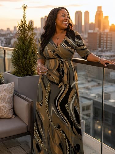Image of PinkPatty Women's Plus Size Maxi Dresses Casual Flowy 3 /4 Sleeves Dress Printed Vacation Dress for Daily Wear with Belt