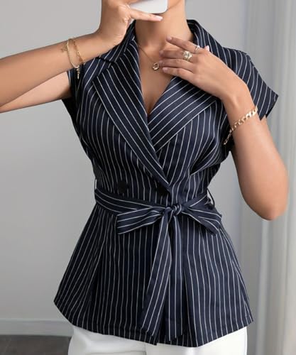 Women's Casual Cap Sleeve V Neck Blazer Vest Tops Striped Single Breasted Business Suit Vest with Belt2