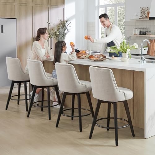 Image of Watson & Whitely Counter Height Bar Stools Swivel Barstools, Fabric Linen | Set of 2, Upholstered Modern Barstool with Back, Solid Wood Legs, 26 inch H Seat