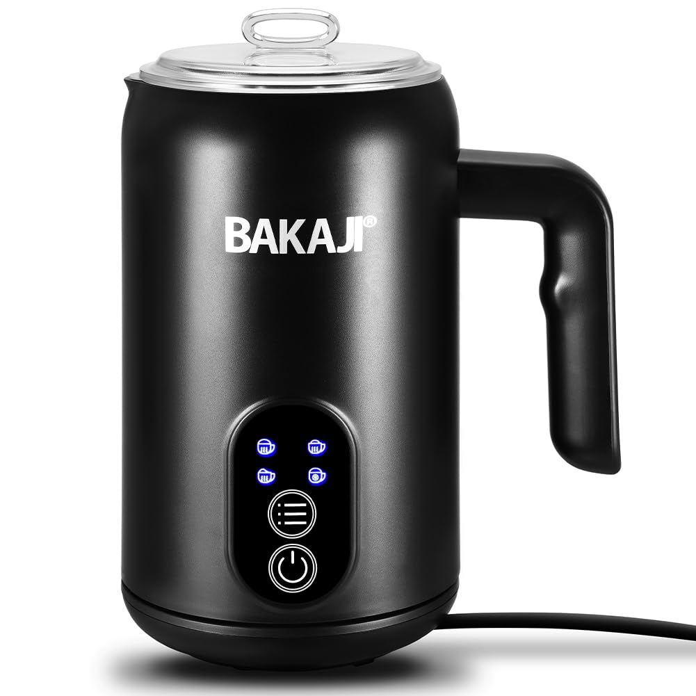 BAKAJI Espumador de leche eléctrico 4 en 1, Cappuccinatore automático, 350 ml, espumador para espuma de leche, funcionamiento silencioso, ideal capuchino caliente o frío, café manchado, acero