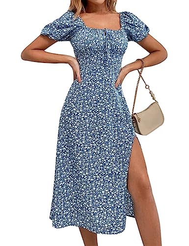 Image of SPRIME Women's Floral Summer Casual Dress Square Neck Puff Sleeve Boho Midi Dresses Ruched Bust High Waist Split Long Dress