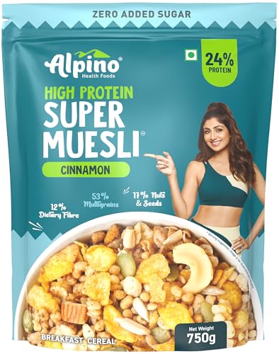 Image of ALPINO High Protein Super Muesli Cinnamon 750g - 0 Added Sugar, 53% Multigrain, 17% Nuts & Seeds - 24% Protein, Source of Dietary Fibre & Healthy Fats