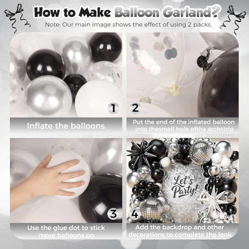 Image of 153Pcs Black and Silver White Balloon Garland Arch Kit with Stars, 22 18 12 10 5 inch Disco Ball Balloons Black White Metallic Silver Confetti Balloon for Birthday Graduation Party Decorations