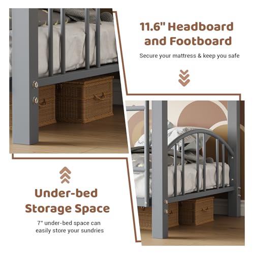 Bunk Bed Twin Over Twin with Stairs and Arched Guardrail, Sturdy Metal Slats Support, Space Saving, Noise Free, No Box Spring Needed, Ideal for Kid Room and Dorm, Matte Gray