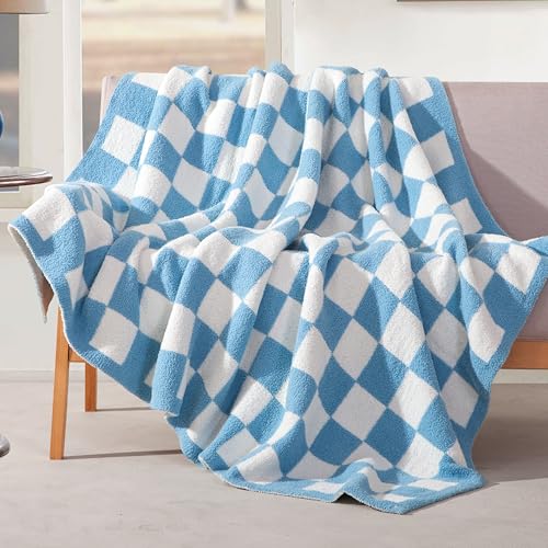 Image of Elegant Comfort Checkered Throw Blanket, Aqua Super Soft Cozy Fluffy Warm Throw Blankets for Couch, Sofa, Chair, Bed, Camping, Picnic, Travel Lightweight Bed Blanket (50 inch x 70 inch)