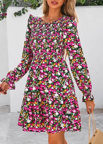 Image of KIRUNDO Long Sleeve Dress for Women 2025 Summer Fall Wedding Guest Smocked Floral Crewneck Ruffle A Line Flowy Mini Dress