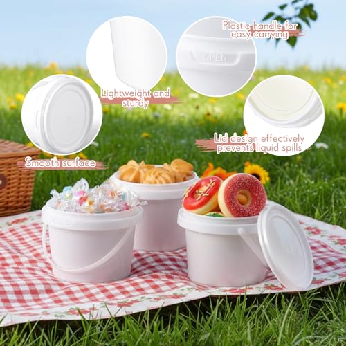 Image of Maxcheck 100 White Containers Bulk with Lids and Handles Plastic Clear Storage Bucket Containers Mini Storage Case for Party DIY Art Craft Pigment Dough Cotton Candy Lotion Small Tools (10oz)