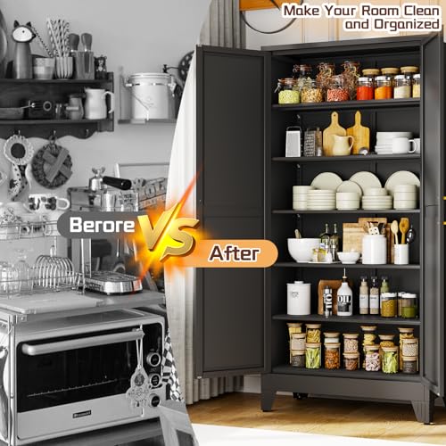Image of PAOFIN 75 inch Metal Kitchen Pantry Cabinet, Storage Cabinet with Doors and 5 Adjustable Shelves, Cabinet with 2 Metal Handles,Tall Cabinet for Livingroom,Pantry, Bathroom,Kitchen Black