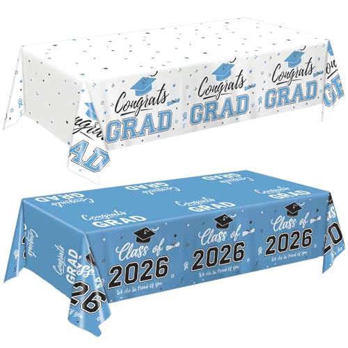 Image of Oigco 2026 Graduation Decorations, 2 Pack Sky Blue Graduation Tablecloths Class of 2026, Congrats Grad Plastic Tablecloths for Graduation Party Decorations, 54 x 108 Inch