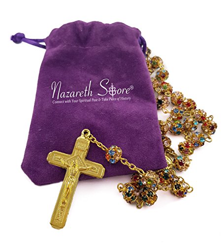 Nazareth Store Gold Plated Rosary Necklace with Colorful Crystallized Beads Miraculous Medal Cross Crucifix3