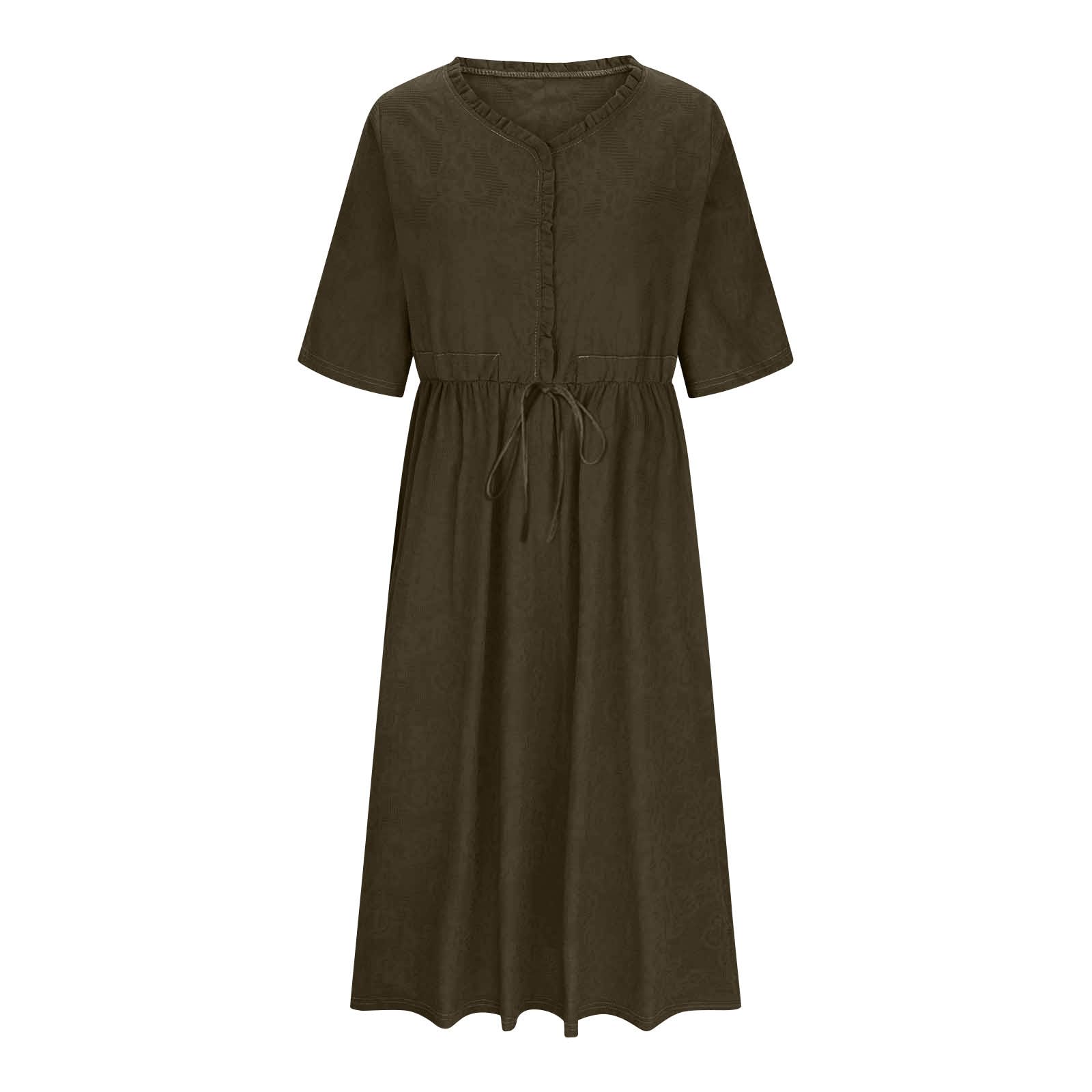 Vestido Mujer Verano Largo Vestidos Casual con Media Manga Cuello en V Color Sólido Elegante Vestido Jacquard con Botones y Cinturón Sueltos Cómodo Vestido Midi Línea A para Uso Diario