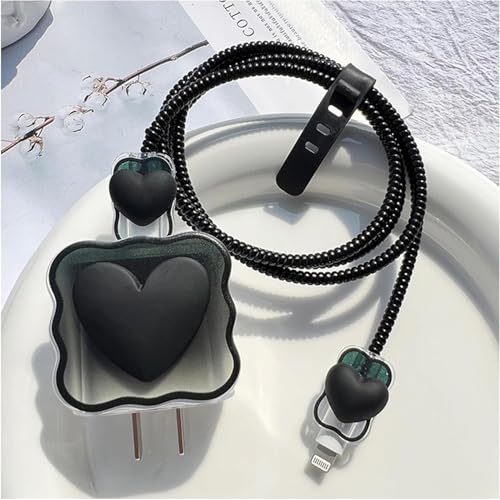 Image of INEFABLE Charger Case Cover Protector with 3D Cute Pattern for iPhone Charger only 18W & 20W, Data Charging Cable Wire Saver Protective Cable Cover Full Protection - Set Of 1 (Black heart)