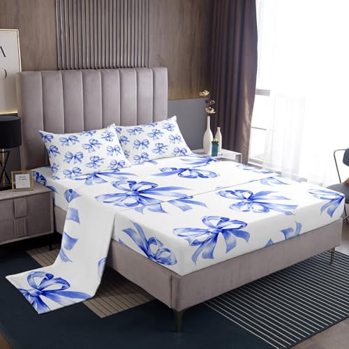 Homemissing Juego de sábanas con lazo azul para niñas, tamaño individual, con bolsillo profundo, juego de ropa de cama suave de 4 piezas con 2 fundas de almohada, estilo princesa de ensueño, estilo