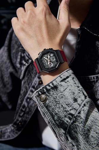Image of Daniel Hechter Paris Daumesnil Collection Analog Watch for Men Hexagonal Chronograph Watch Black Textured Dial, Multi-Function Display, Red Silicone Strap, Date Window