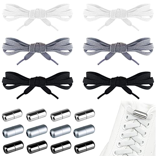 Hengxinc 6 Paar Schnürsenkel Ohne Binden mit Metallkapsel 3 Farben Gummi Schnürsenkel Einstellbar Elastische Schnürsenkel Sportschuhe Freizeitschuhe Laufschuhe Cover