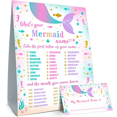 What's Your Mermaid Name Game, Mermaid Birthday Party Sign for Girls, Holiday Activity, Mermaid Activity Cards Ideas Decoration Supplies (1 Mermaid Theme Sign and 30 Name Tag Stickers)
