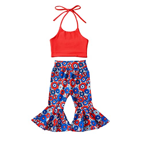 Ayalinggo Toddler Girl 4th of July Outfit Baby Floral Halter Crop Top Bell Bottoms Flare Pants Set Cute Summer Clothes Floral 6-12 Months
