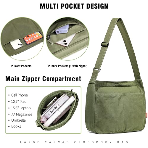 Captain Blues Canvas Messenger Bag, Große Kuriertasche mit Multi-Pockets, Canvas Tasche Shoulder Bag für Damen & Herren, Messenger Bags School Y2K (Grün)