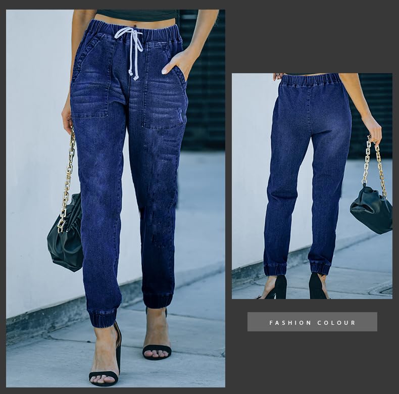 LONGYIDA Jean Joggers for Women Denim Ripped Loose Jeans High Waisted Stretch Drawstring Denim Joggers Pants4