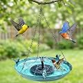 DazSpirit Hanging Bird Bath with Solar Fountain, 14.9" Metal Bird Bath for Outdoors, Fixed Solar Panel with 4 Nozzles, 3 Removable Decorative Birds, Hanging Birdbath for Garden Patio Porch Yard Gift