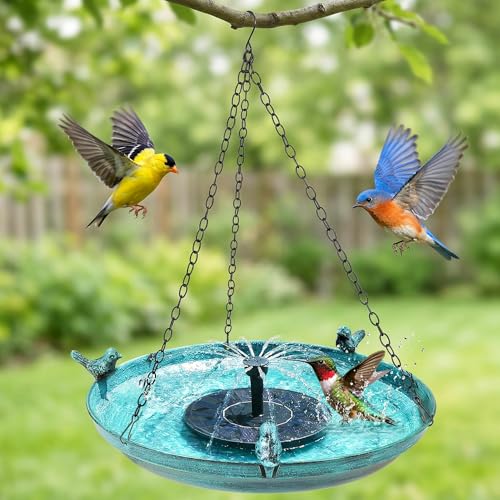 DazSpirit Hanging Bird Bath with Solar Fountain 14.9 Metal Bird Bath for Outdoors Fixed Solar Panel with 4 Nozzles 3 Removable Decorative Birds Hanging Birdbath for Garden Patio Porch Yard Gift