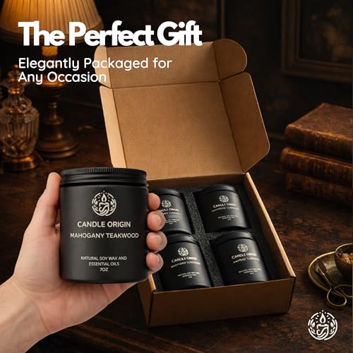 Image of Mahogany Teakwood Candles for Men Gift Set - 4 Pack 7oz Soy Wax with Whiskey Tobacco, Vintage Leather & Black Pine, Masculine Scented Candles, Premium Gift for Him, Man Cave & Office Decor