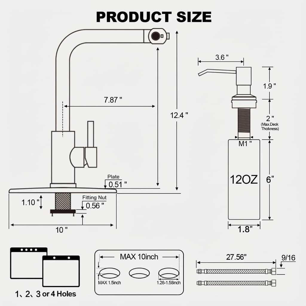 Brushed Nickel Kitchen Faucets with Pull Down Sprayer & Soap Dispenser, Single Hole & Handle, Pull Out Tap, Waterfall Stainless Steel Sink Faucet for Farmhouse Camper Laundry Rv Bar - Image 8