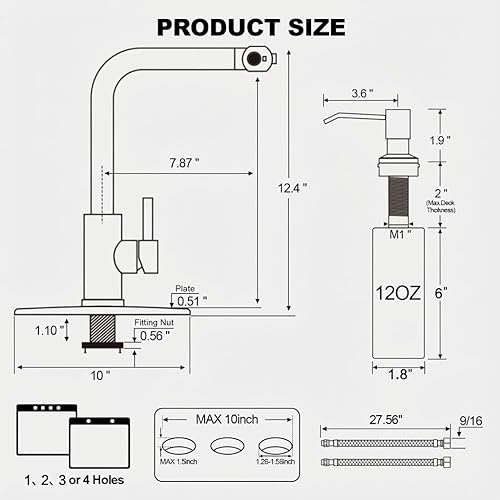 Miniatura 8 de Grifos de cocina en cascada de color negro mate con rociador desplegable y dispensador de jabón, un solo orificio y mango, grifo extraíble, grifo
