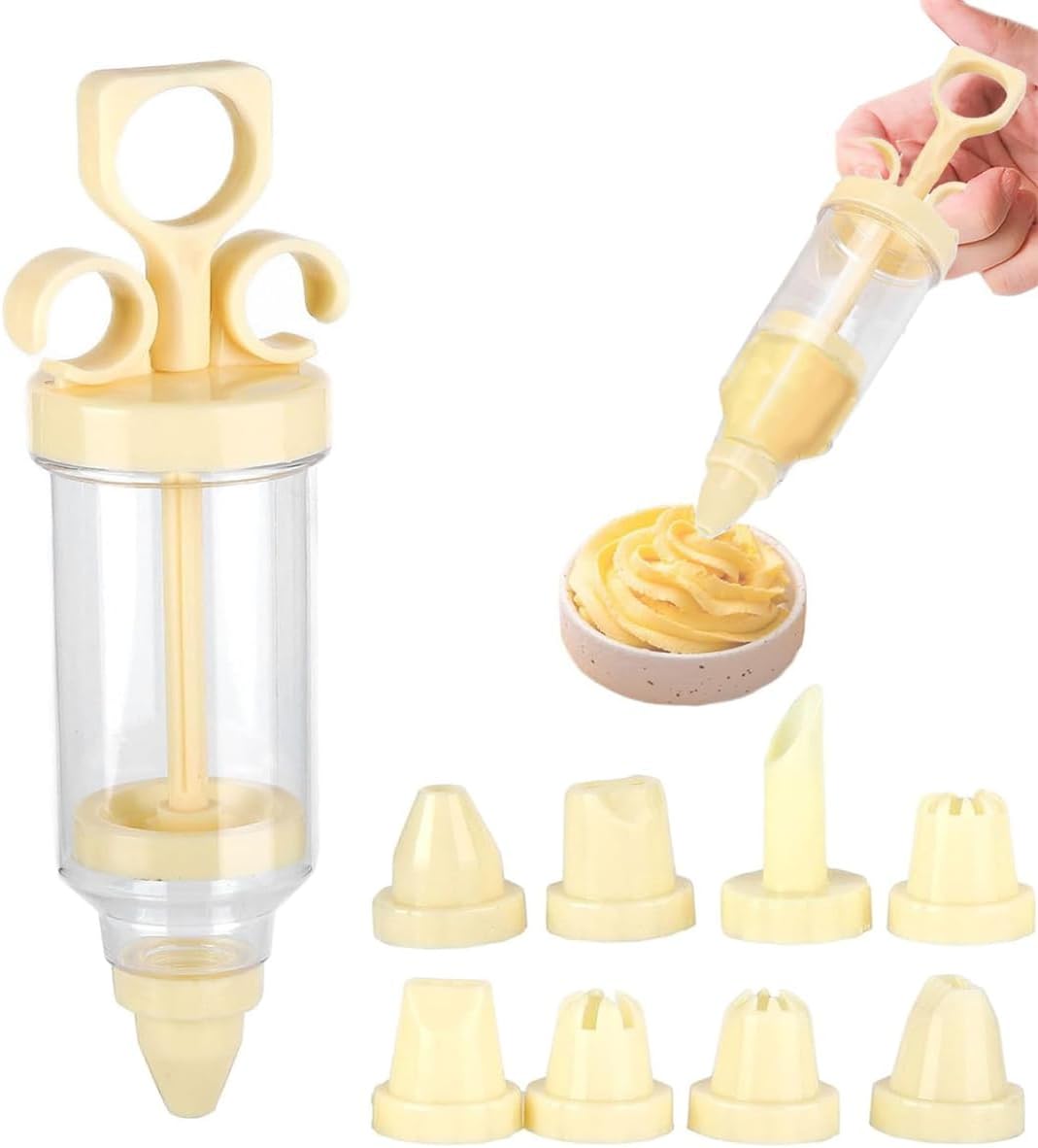 Cake Icing Decorating Syringe, Frosting Decorating Tool with 8 Pieces Removable Interchangeable Nozzle for DIY Decorating Cakes Cookies Cupcake Icing Pastry Baked Goods, Cream Color