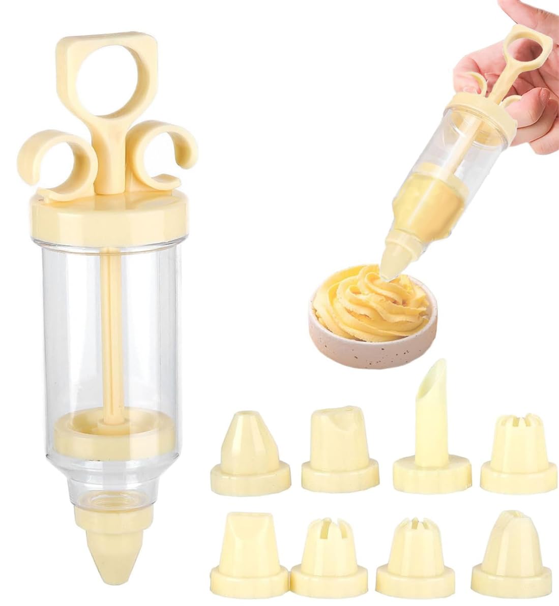 Cake Icing Decorating Syringe, Frosting Decorating Tool with 8 Pieces Removable Interchangeable Nozzle for DIY Decorating Cakes Cookies Cupcake Icing Pastry Baked Goods, Cream Color