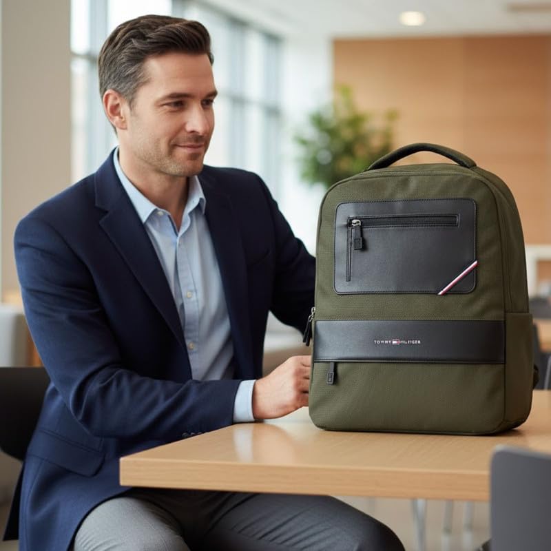 Image of Tommy Hilfiger Unisex Backpack Blackburn - Olive+Black | Water-Resistant | Padded Laptop Sleeve | Trolley Holder | Stylish & Trendy Backpack For Daily Use, Office, Work & Travel | 20L Capacity