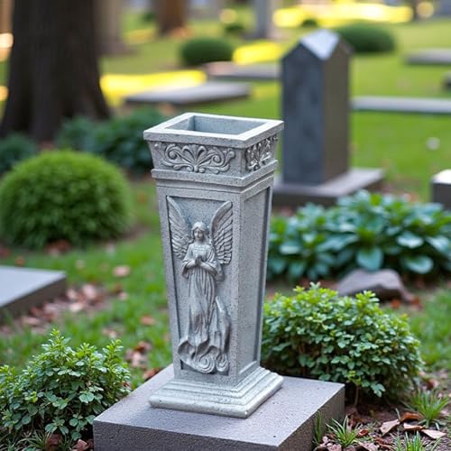 GLFLOW Jarrón de resina para cementerio con estaca de metal de 5.5 pulgadas y agujero de drenaje, diseño de ángel, soporte de flores conmemorativas para tumba, jardín y decoración al aire libre