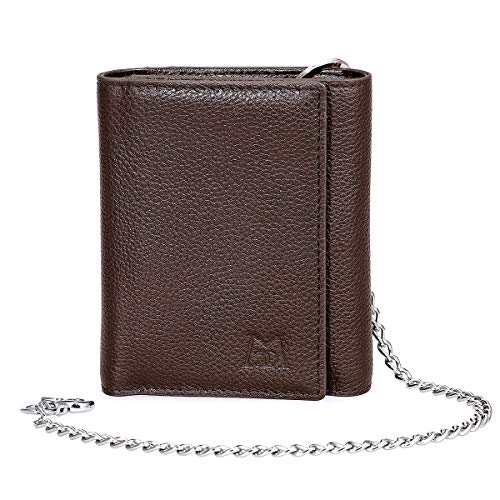 ManChDa Gifts for Fathers Day Multiple Pop up Multi-functionTrifold Wallet -Slits Brown Small Size Leather Wallet Outer Pocket RFID Blocking with one Removable Chain and Gift Box