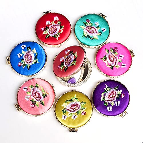 Huamulan 8Pcs Round Shape Compact Mirror Cosmetic Tool Makeup Hand Mirror,Dual Sided Silk Chinese Embroidered Wedding Favor Party Gifts Cute Perfect For Purse Travel, Assorted Color #TOP12