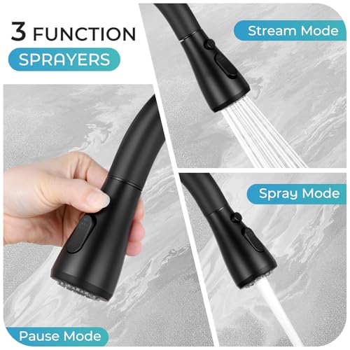 Image of Matte Black Kitchen Faucet with Pull Down Sprayer and Deck Plate | SUS 304 Stainless Steel, Single Handle, 3 Spray Modes, 360 Swivel Spout, RV Laundry Bar Sink, Deck Plate, NSF372 NSF61 cUPC