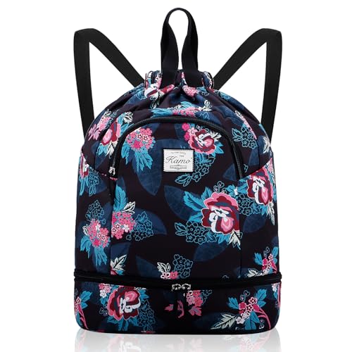 Image of Kamo Drawstring Backpack Bag - Sport Swimming Yoga Backpack with Shoe Compartment, Two Water Bottle Holder for Men Women Large String Backpack Athletic Sackpack for Travel