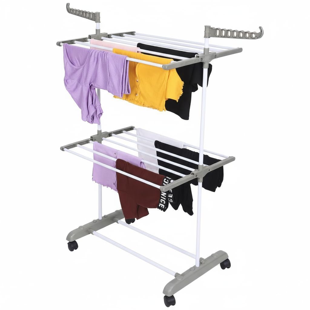 FLIPZON Premium Clothes Stand for Drying with Wheels | Portable | 2 Layer Rack for Balcony | Foldable Wings | 14 Hanger Rods | Alloy Steel & Plastic (White & Grey)