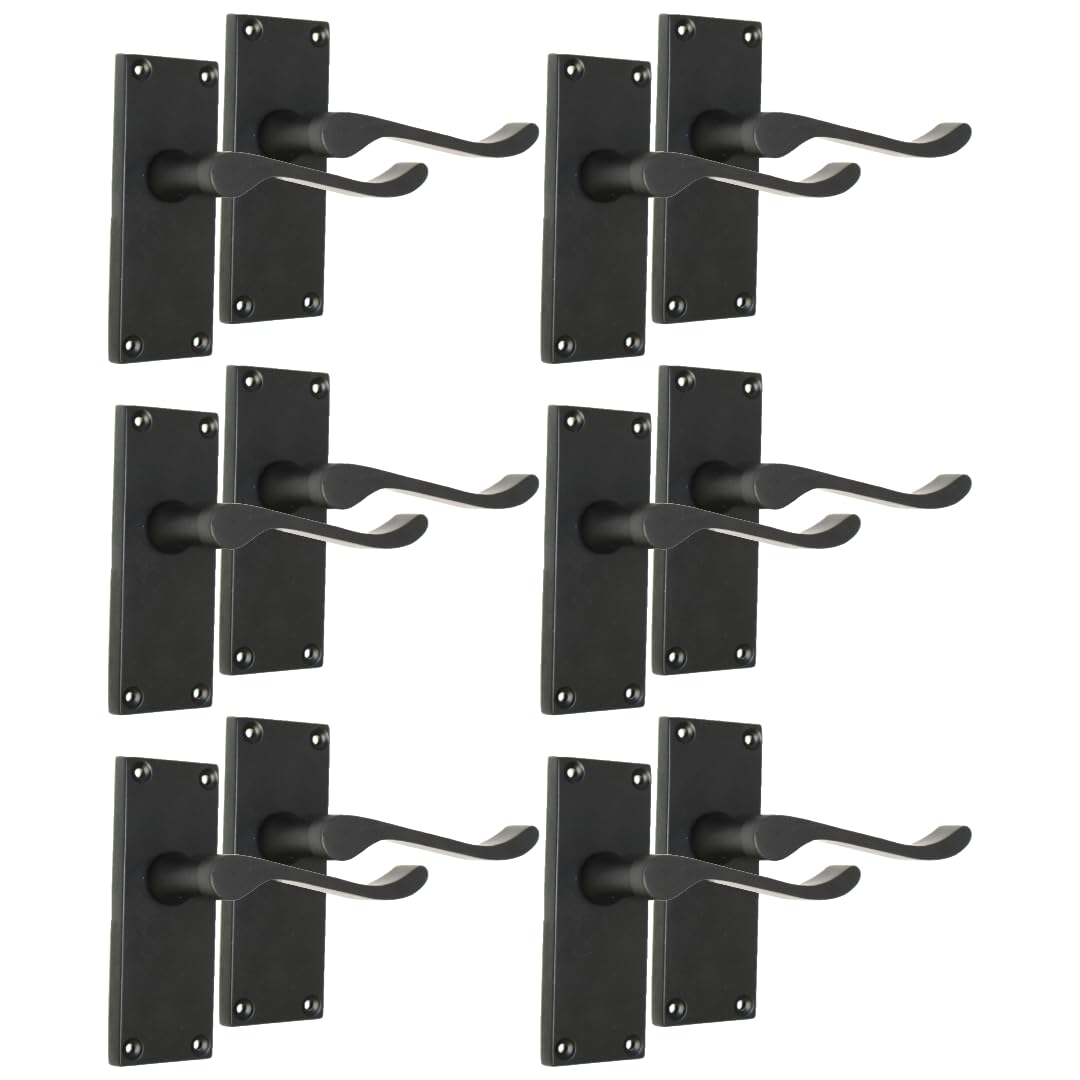 Epsom Door Handle Matt Black Scroll Door Handle Set - Victorian Style Internal and External Lever Door Handles with Backplate (6 Pair of Handles)