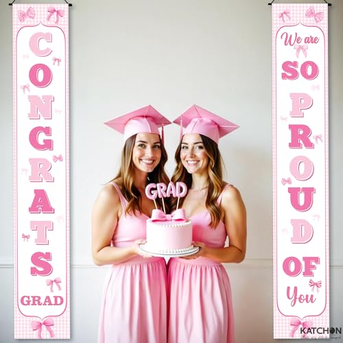 Image of KatchOn, Pink Congrats Grad Door Banner Bow Theme - Large 72x12 Inch, Pack of 2 | Congrats Grad class of 2026 | We Are Proud Of You Banner | Pink 2026 Graduation Decorations | Grad Party Decoration